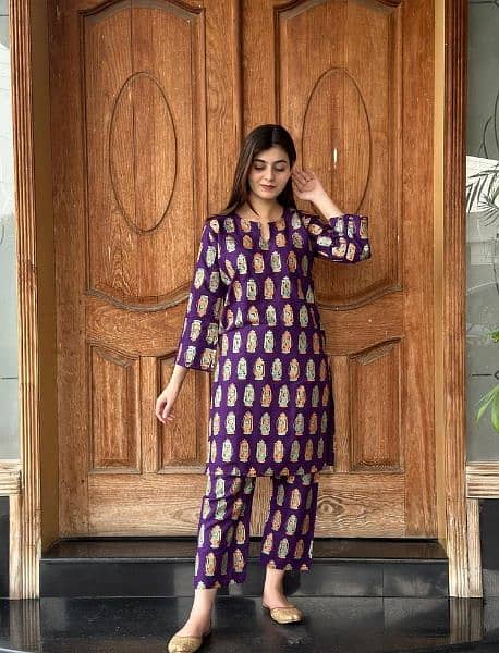 2 Pcs womens stitched Arabic lawn printed shirt nd trouser 03084449294 2