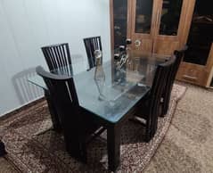 DINNING TABLE, 5 CHAIRS, 6X4 FEET, 12MM DOUBLE GLASS TOP