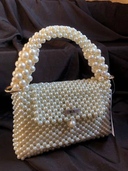 white glass pearl beaded bag 1