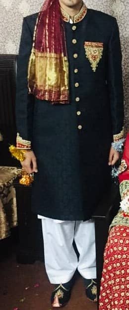 Baraat Groom Wedding Dress Black Colour Sherwani with Free Khusa cap 1