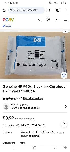 Genuine HP 940xl Magenta Ink Cartridge High Yield C4908A 1