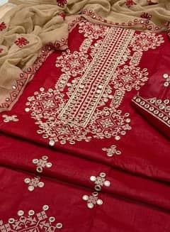 3 Pcs Women's Unstitched Cotton Embroidered Suit