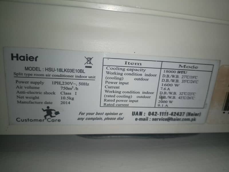 Haier 1.5 ton split Ac (2014 model) with outer and original remote. 2