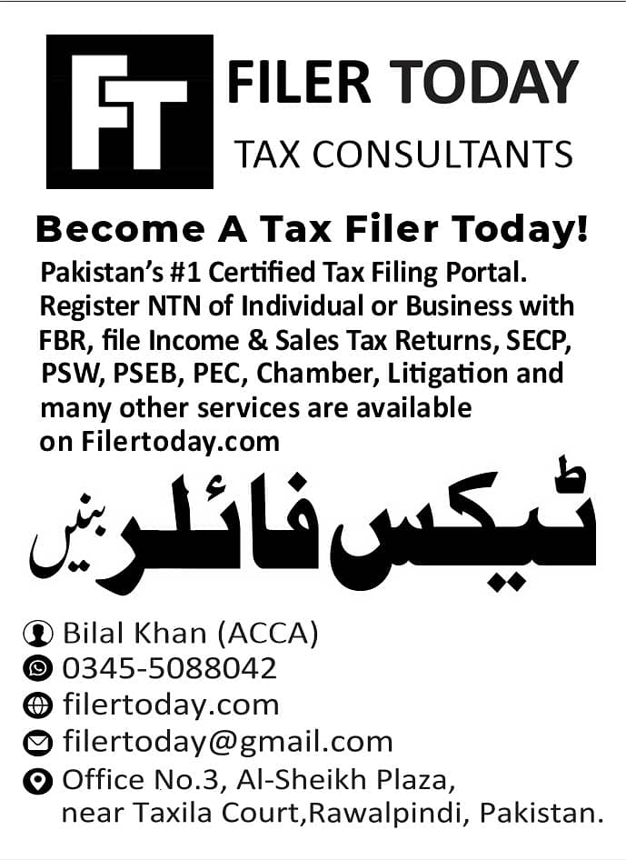 NTN, Income, Sales Tax Filing, FBR, SECP, PEC, PSW, PTC, Filer, 7E etc 0