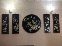Chinese black enamelled plaque with mother of pearl, birds and flowers