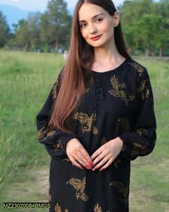 2 pcs women's stitched Linen printed shirt and trouser _black