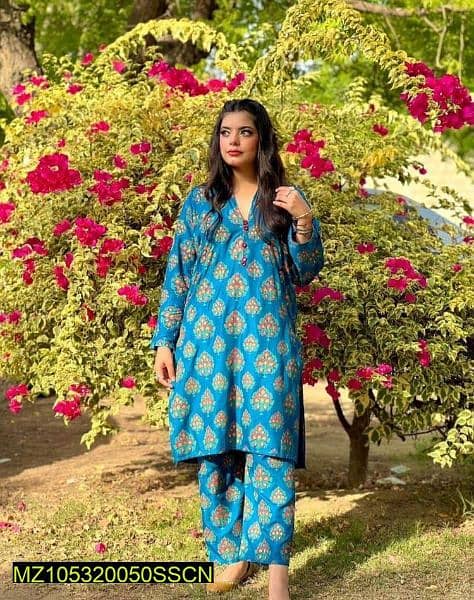 2 pcs womens stitched Linen block printed shirt and trouser 1