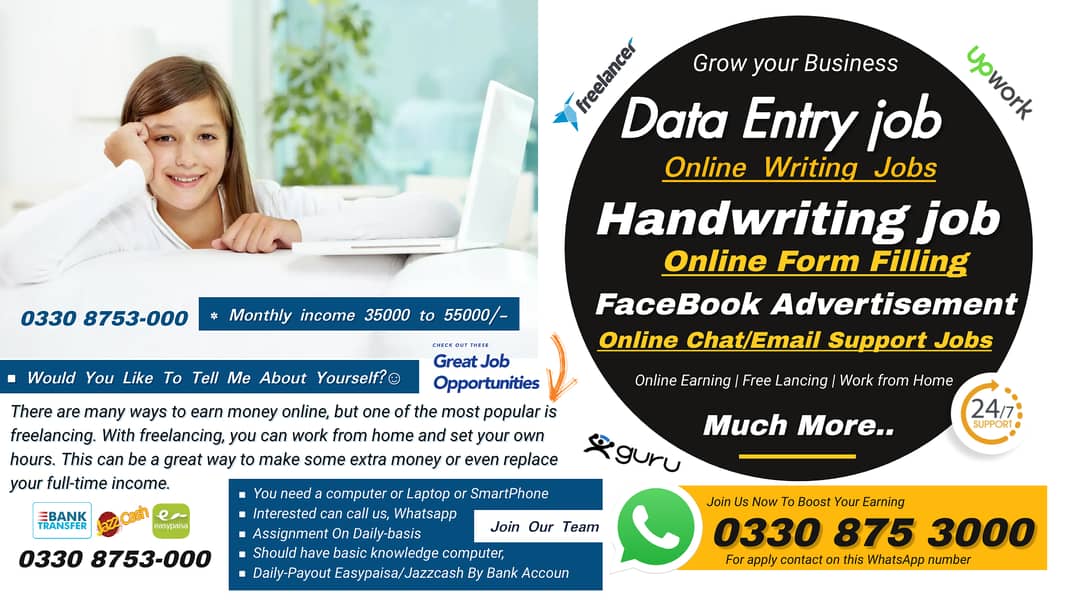Handwriting/data entry jobs, Daily Income:1500 to 2500 Per Assignment- 1