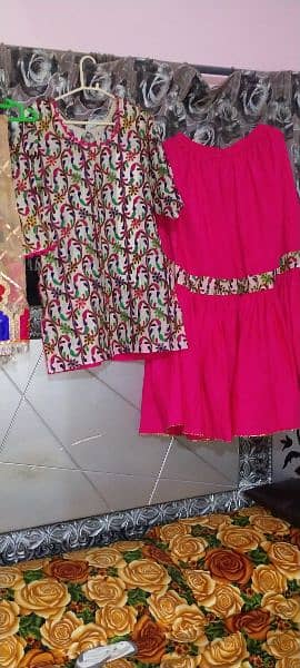 3 piece dress. kashees dupatta, Chata Pati short shirt with gharara. 7
