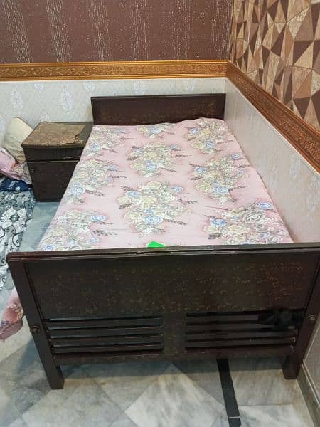 two single bed wood 1 side table 2