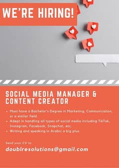 Hiring Social Media Manager, Graphic Designer, Ads Specialist