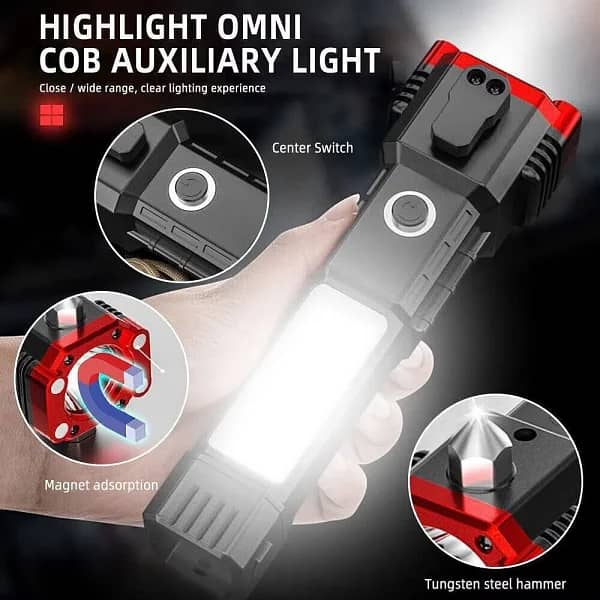USB Charging Super Bright LED Flashlight With Safety Hammer Side Light 0