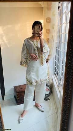 2 pcs women's stitched khaadi net Cuttwork Embroidered suit 0