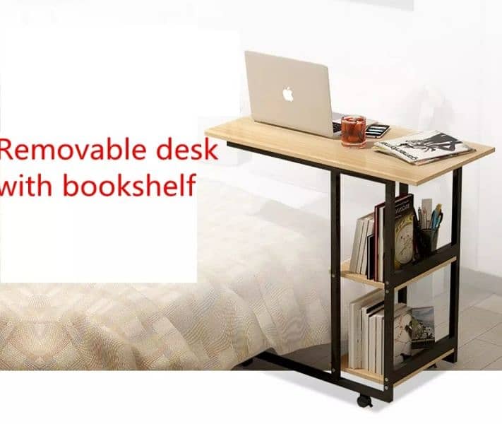 Bedside Laptop Table, Study Table with Shelves and wheels 4