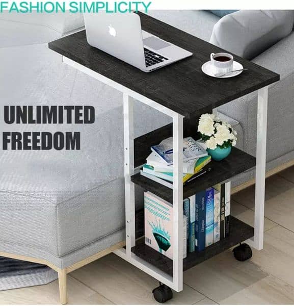 Bedside Laptop Table, Study Table with Shelves and wheels 5