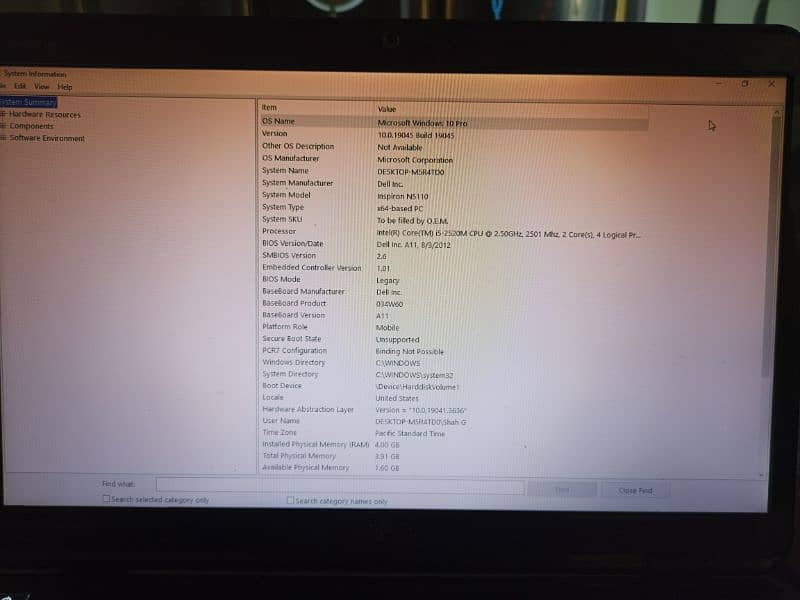 Dell Laptop Core i5-2520M CPU @ 2.50GHz128 10