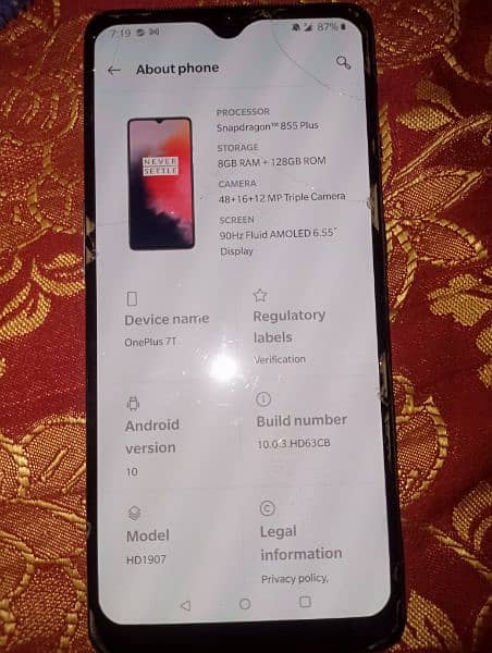 OnePlus 7T
pta approve 8gb ram 128gb memory 5