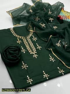 3 PCs women's unstitched  katan silk embroidered suit