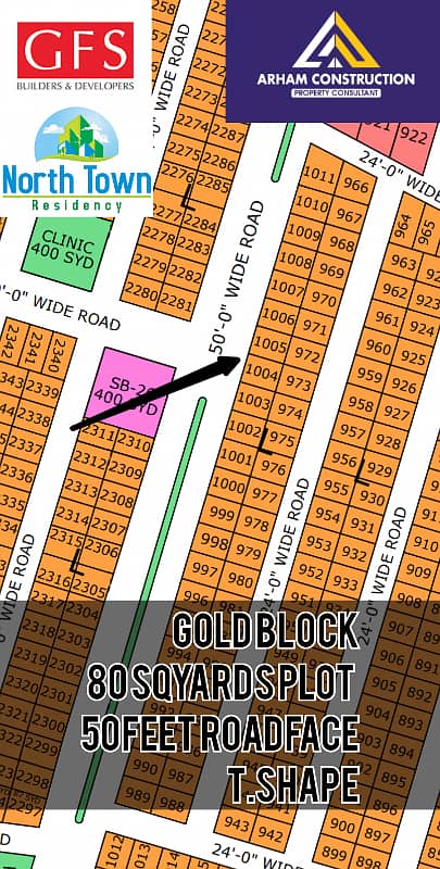North Town Residency Phase. 1gold block 80sqyards plot main 50feet road westopen 0