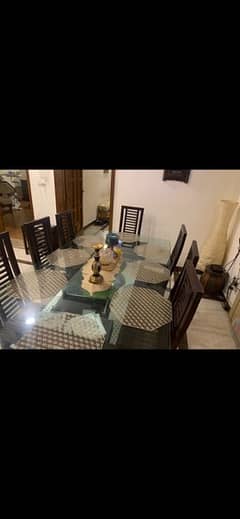 Sheesham wood dining table 12 mm glass top with 8 chairs