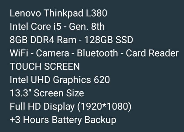 LENOVO THINKPAD L380 CORE i5 GEN. 8th 8GB DDR4 RAM 128GB SSD TOUCH FHD 8