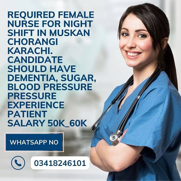 Required female Nurse for night shift in muskan CHORANGI Karachi. 0