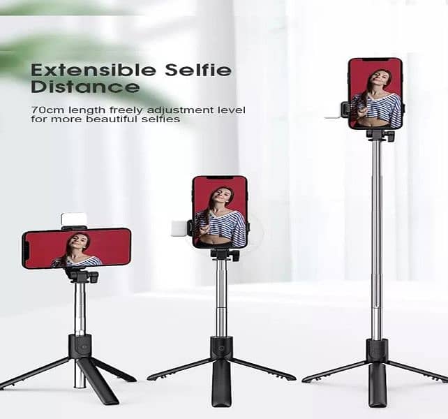 selfie stick with mini LED light mini triple stand 4