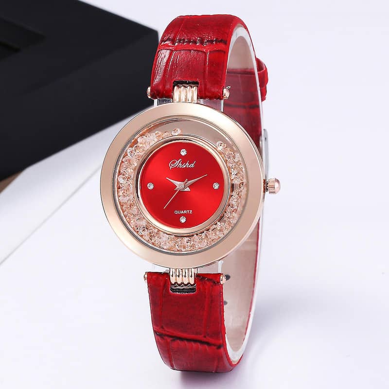 Fashion Woman's Shiny Rhinestones Faux Leather Quartz Wrist 6