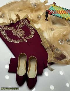 3 Pcs Women's Unstitched Katan Silk Embroidered Suit 0