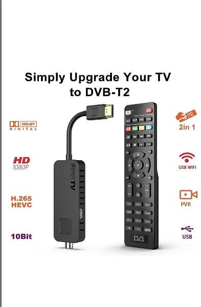 DCOLOR DVB-T2 HDMI TV Stick, Dolby HD 1080P H265 Support USB WiFi 2
