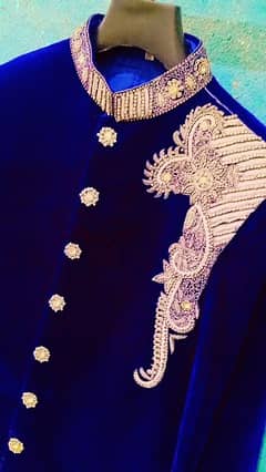 Blue velvet sherwani + kulla+ khussa full dress for sales