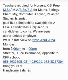 TEACHERS FOR A CAMBRIDGE SCHOOL REQUIRED in Islamabad 0