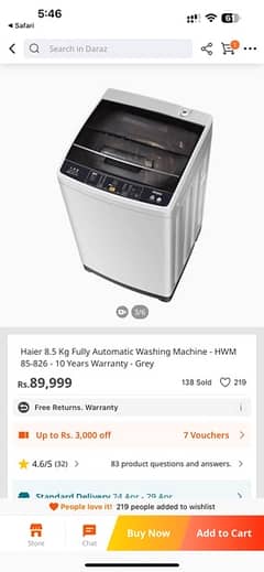 haier full automatic washing machine (HWM 85 826)
