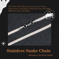 Snake Silver Chain 3mm /55cm, (22 Inches) in Stainless Steel For Man