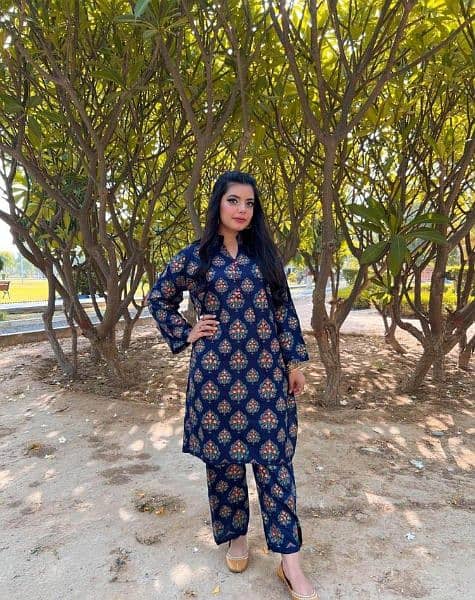 2 piece women's Stitched linen printed shirt and trouser 1