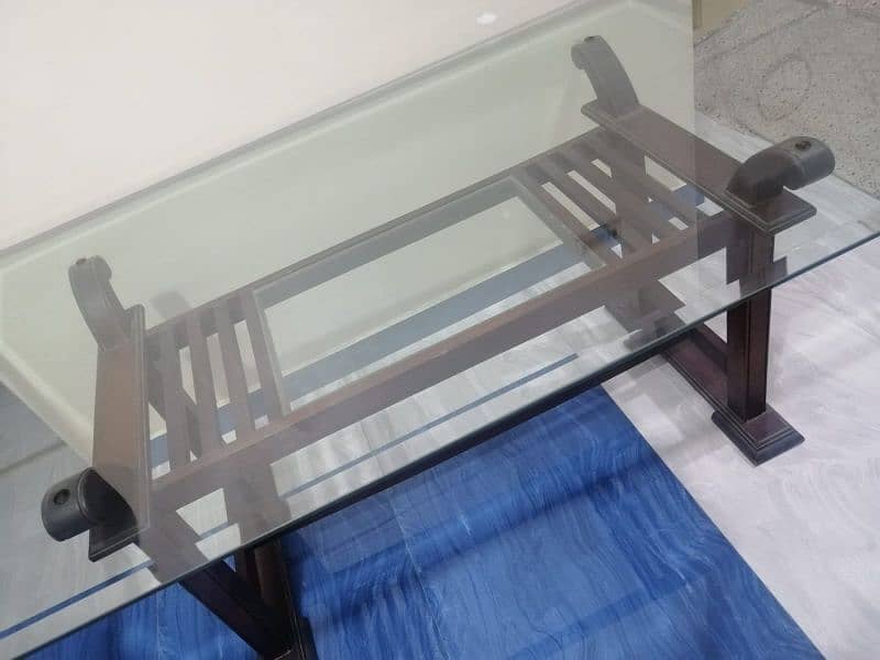 Dining table without chairs , Glass top Wooden base A1 condition 3
