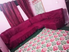 used soffa set color grey hai with cover bhi hai red
