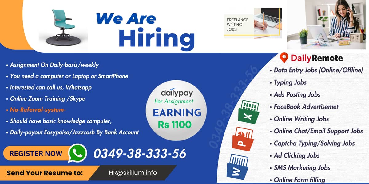 Assignment writing work Part Time/Full Time Daily payments RS1500/2500 1