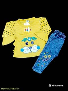 2 pcs Girl,s stiched Jersey lycra printed T shirt and pant 0