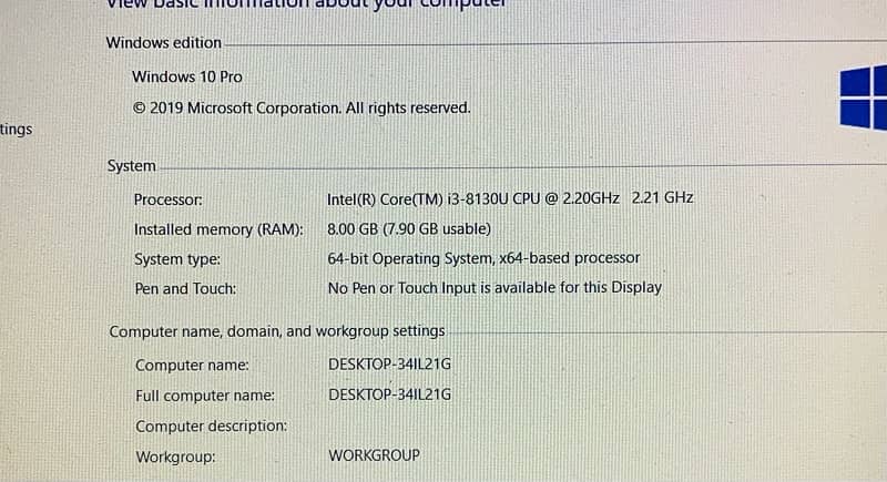 Dell Laptop core i3 gen 8th 3