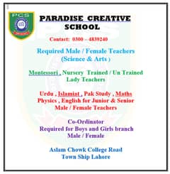 Required Male / Female Teachers  (Science & Arts ). 03004839240