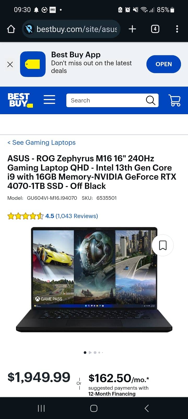 ASUS ROG Zephyrus M16 Gaming Laptop i7 (13th Gen) 16GB 1TB RTX 4070 5