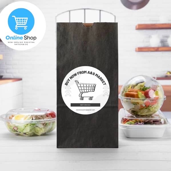 Full paper bags with food on kitchen table on dark background. 3