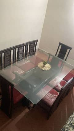 premium wooden dining table with top Glass ( Stylish and Strong)