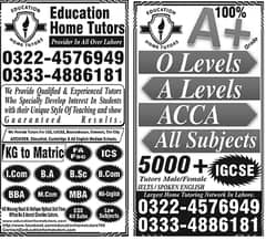 Home tutors/Tuitions for Matric O/A Level FA Fsc ICom Isc Bs all LHR