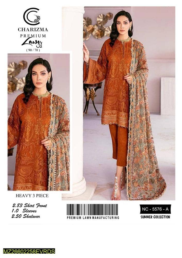3 PCs woman unstitched embroidered lawn suit 0