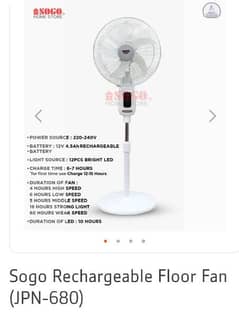 Sogo Rechargeable Floor Fan (JPN-680)