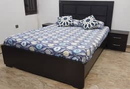Queen Bed with Spring Mattress & Side Tables + Sliding Dressing Table