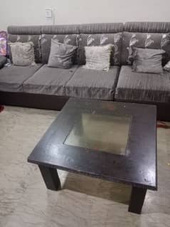 L shape sofa with centre table   10 by 10 condition