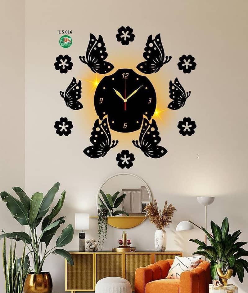 Beautiful Butterfly Art MDF Wood Wall Clock With Light 1